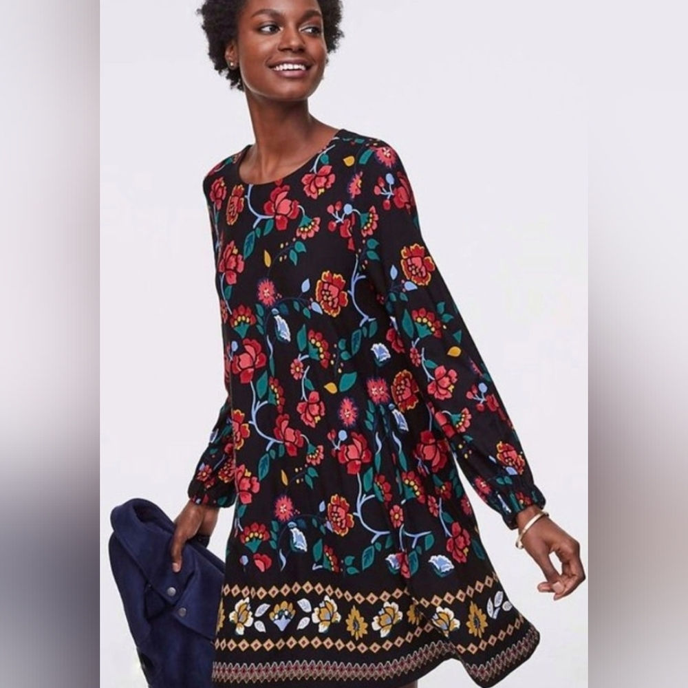 LOFT Black Spring Summer Dress with Vibrant Floral Design PETITE